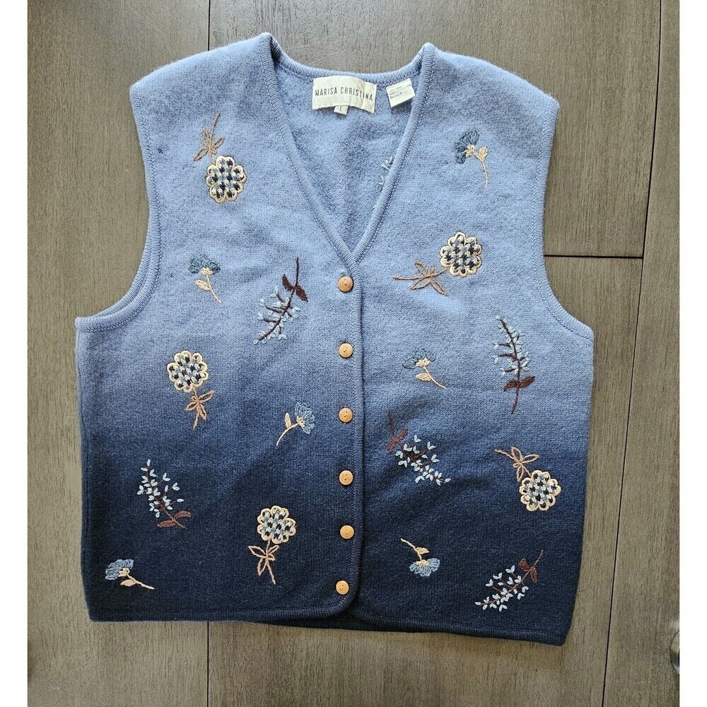 Marisa Christina Blue Ombre Embroidered Floral Wool Sweater Vest Cottagecore